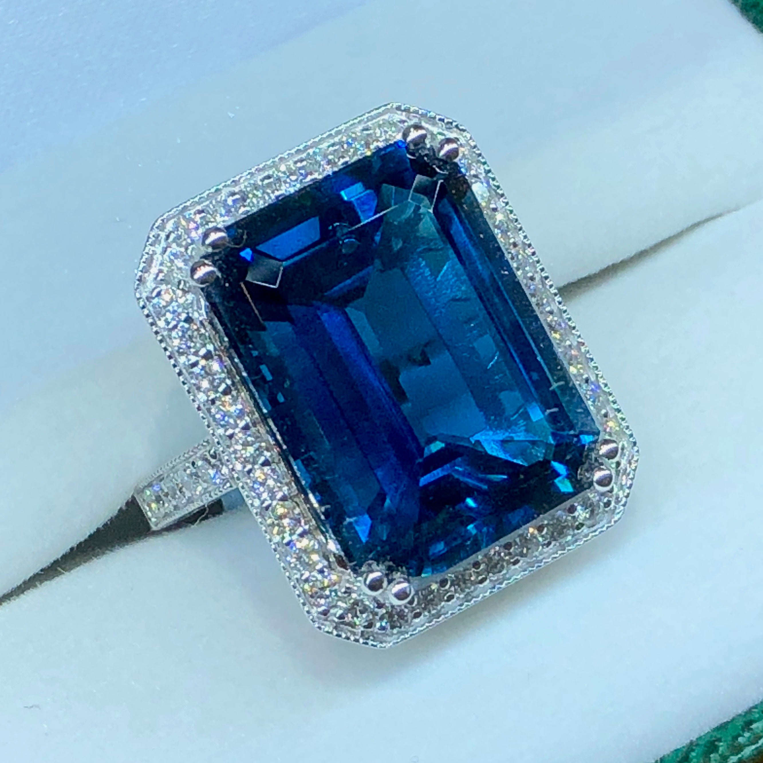 EFFY™ Collection Emerald-Cut London Blue Topaz and 1/3 CT. T.W. Diamond  Stepped Collar Ring in 14K White Gold | Zales Outlet